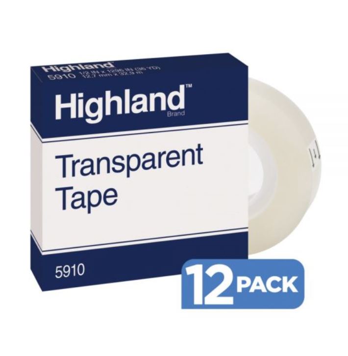 3M Highland 5910 Transparent Tape, 1/2" x 1,296, Pack Of 12