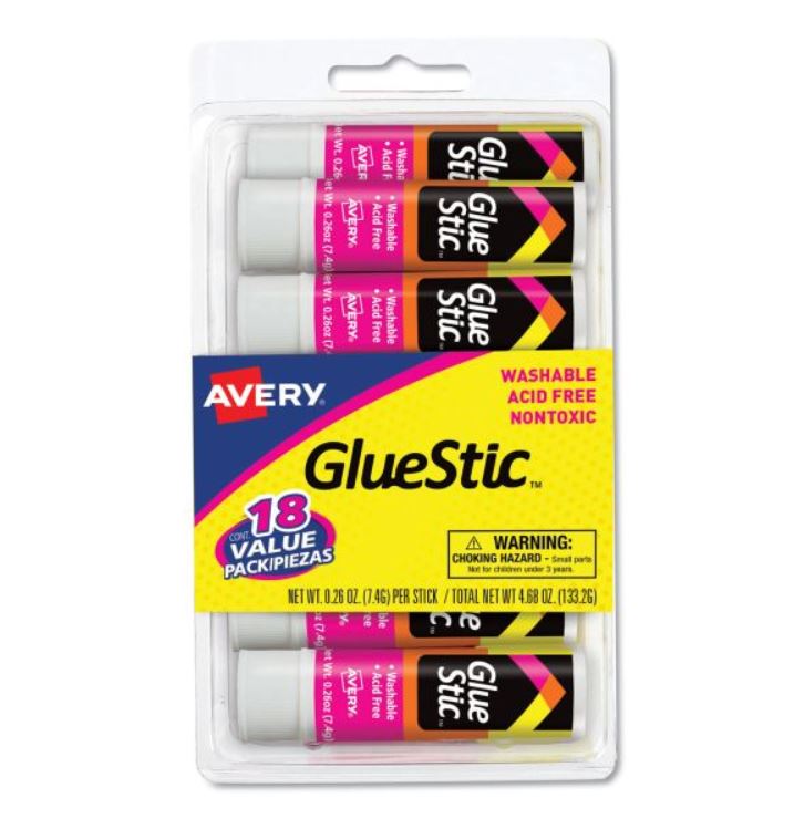 Avery Permanent Glue Stick Value Pack, 0.26 oz, Applies White, Dries Clear, 18/Pack